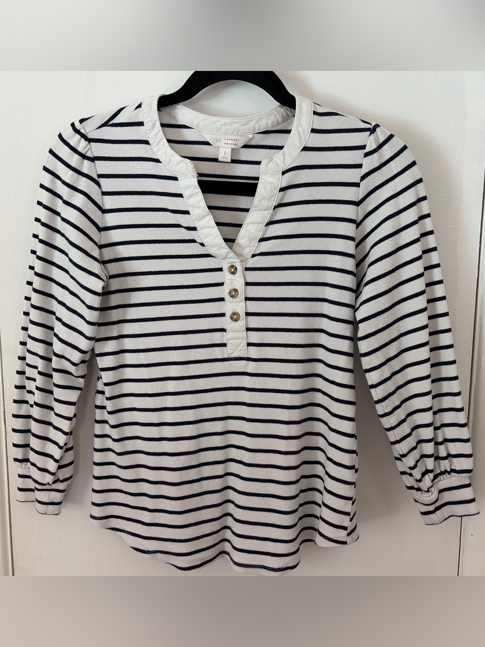 LC Lauren Conrad White and Navy Striped Henley Blouse